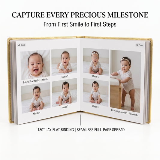 Baby milestone photo grid pages inside gold album