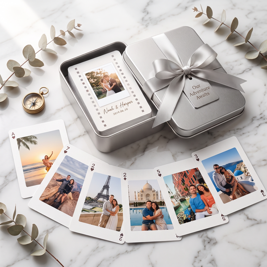 Custom travel photo playing cards displayed with metal tin gift box
