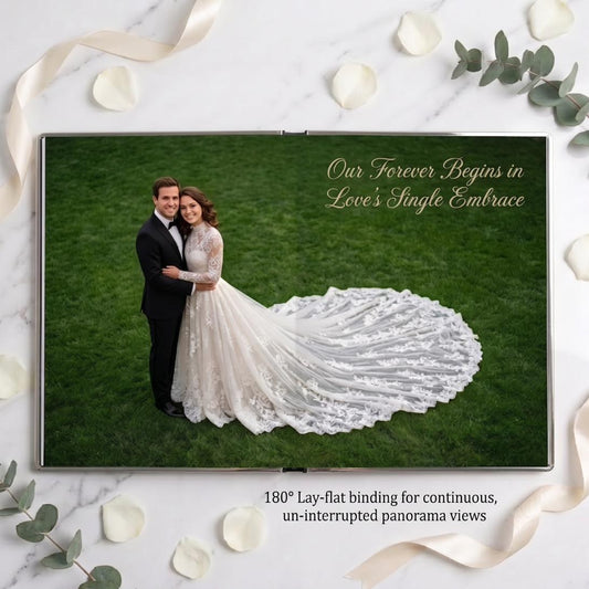 Wedding photo album open flat showing 180-degree lay-flat binding with panoramic photo