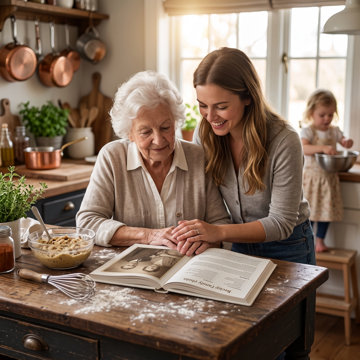 Custom family recipe book shared in the kitchen with grandmother and family