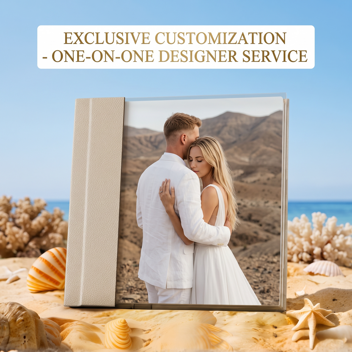Custom vegan leather wedding photo album with acrylic cover in ivory, beach lifestyle scene