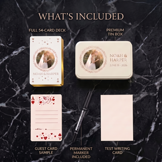 What's included in the custom wedding guest book card set: 54-card deck with gold edges, premium tin box, guest card sample, permanent marker, and test card on black marble