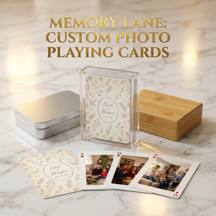 Custom photo playing cards in bamboo, tin, and acrylic packaging options