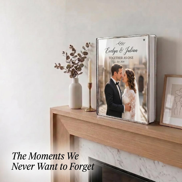 Personalized wedding photo album displayed on fireplace mantel