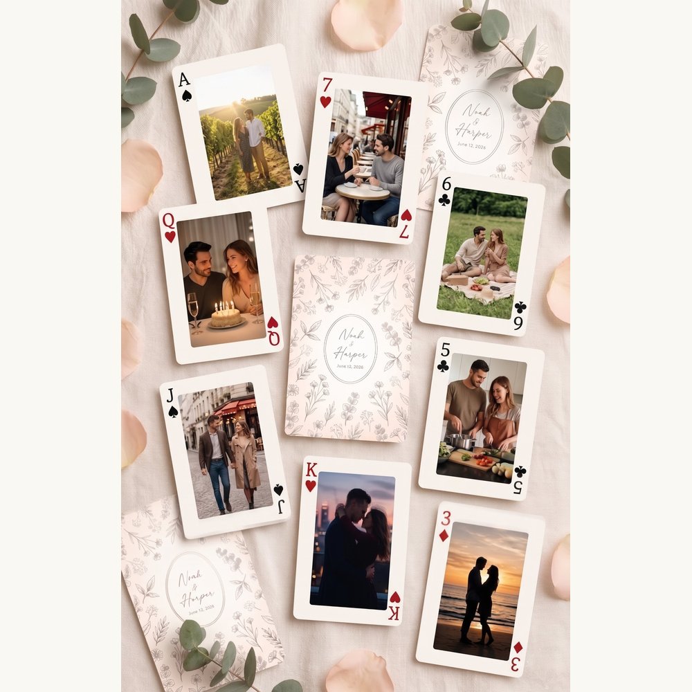 Custom photo playing cards with 54 unique couple photos spread out – personalized memory deck – EverKeep