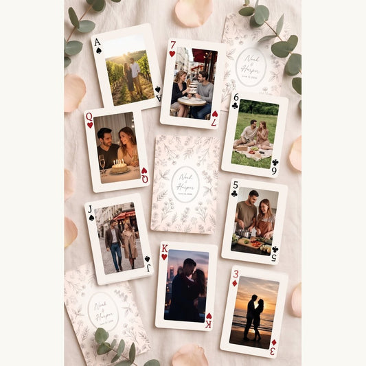 Custom photo playing cards with 54 unique couple photos spread out – personalized memory deck – EverKeep