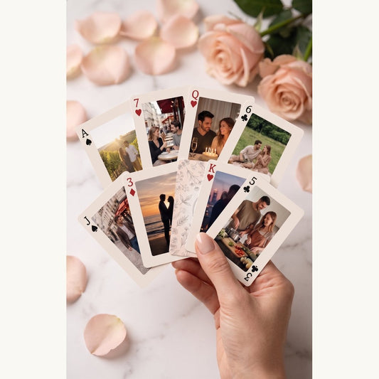 Personalized photo playing cards held in hand fan shape – custom couple gift with 54 different photos – EverKeep