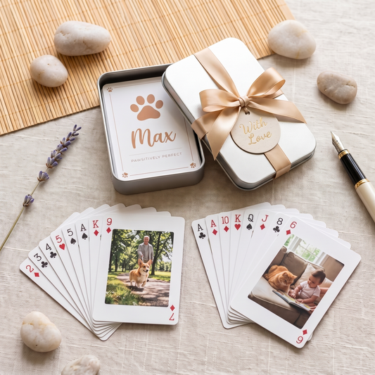 Metal tin box with a fanned deck of custom pet photo playing cards