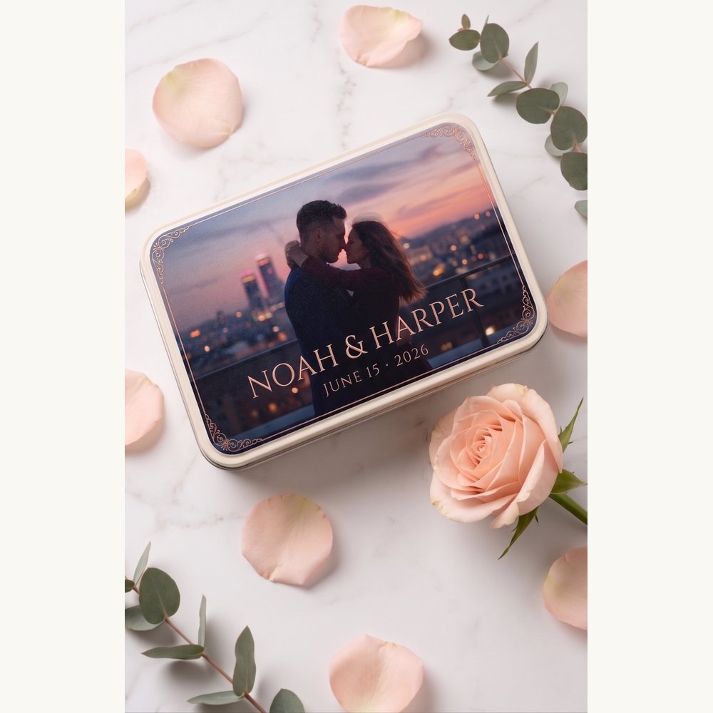 Custom photo playing cards iron box UV print with couple photo and names – rose gold keepsake gift – EverKeep