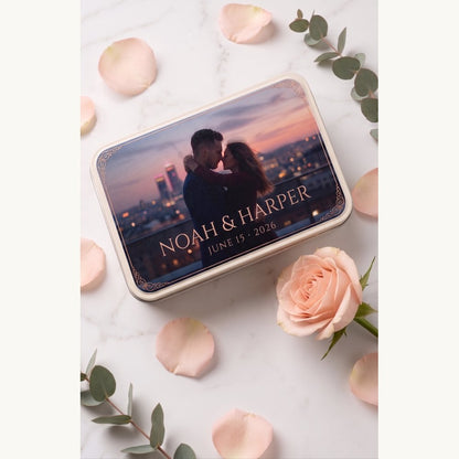 Custom photo playing cards iron box UV print with couple photo and names – rose gold keepsake gift – EverKeep