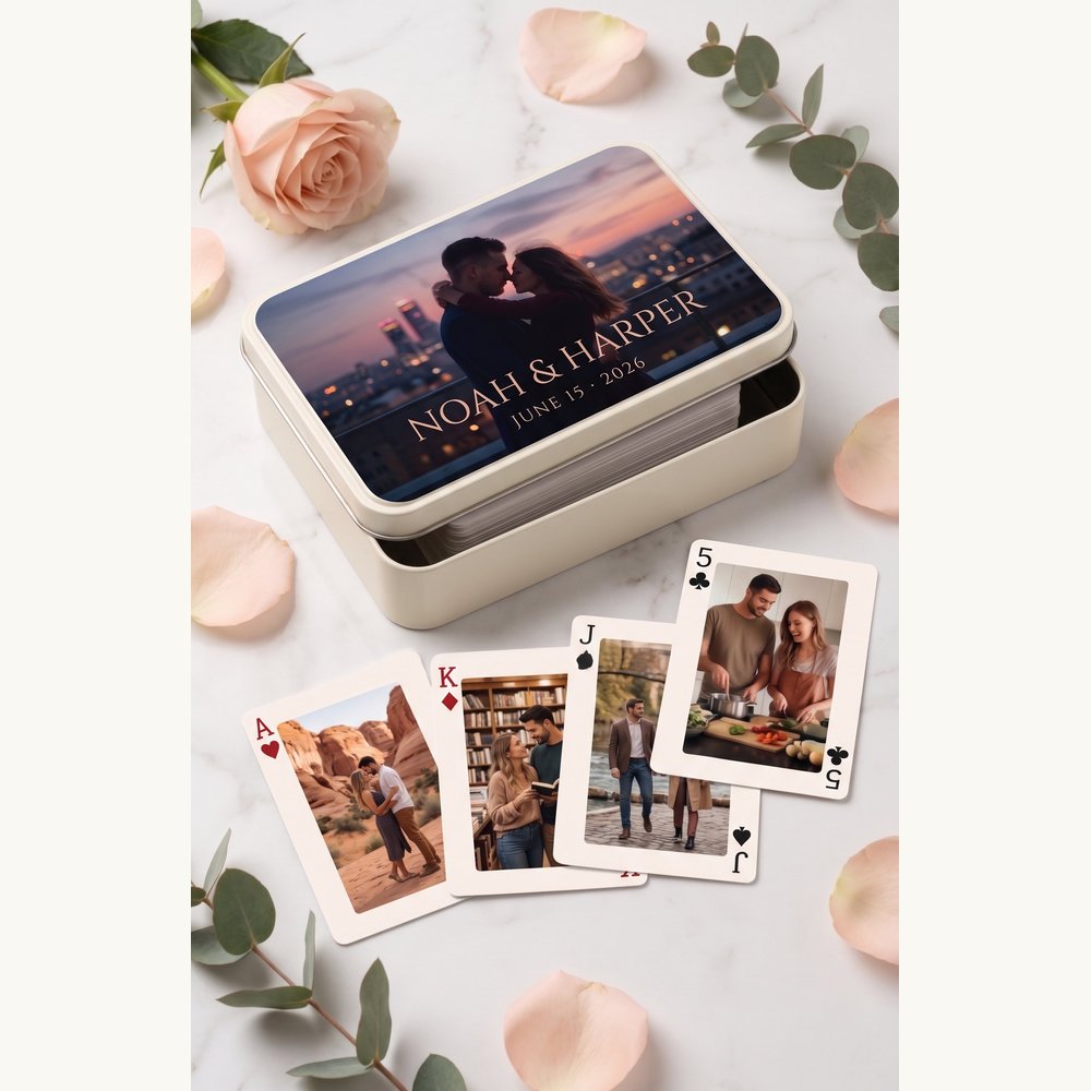Personalized photo playing cards iron box open showing 54 unique photo cards – custom couple anniversary gift – EverKeep