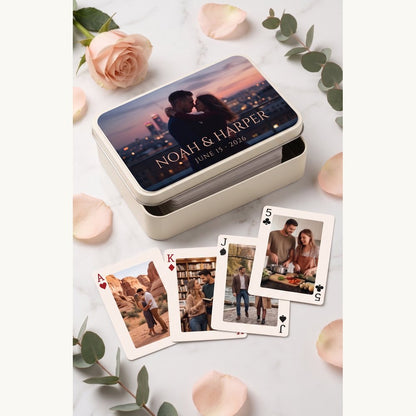 Personalized photo playing cards iron box open showing 54 unique photo cards – custom couple anniversary gift – EverKeep