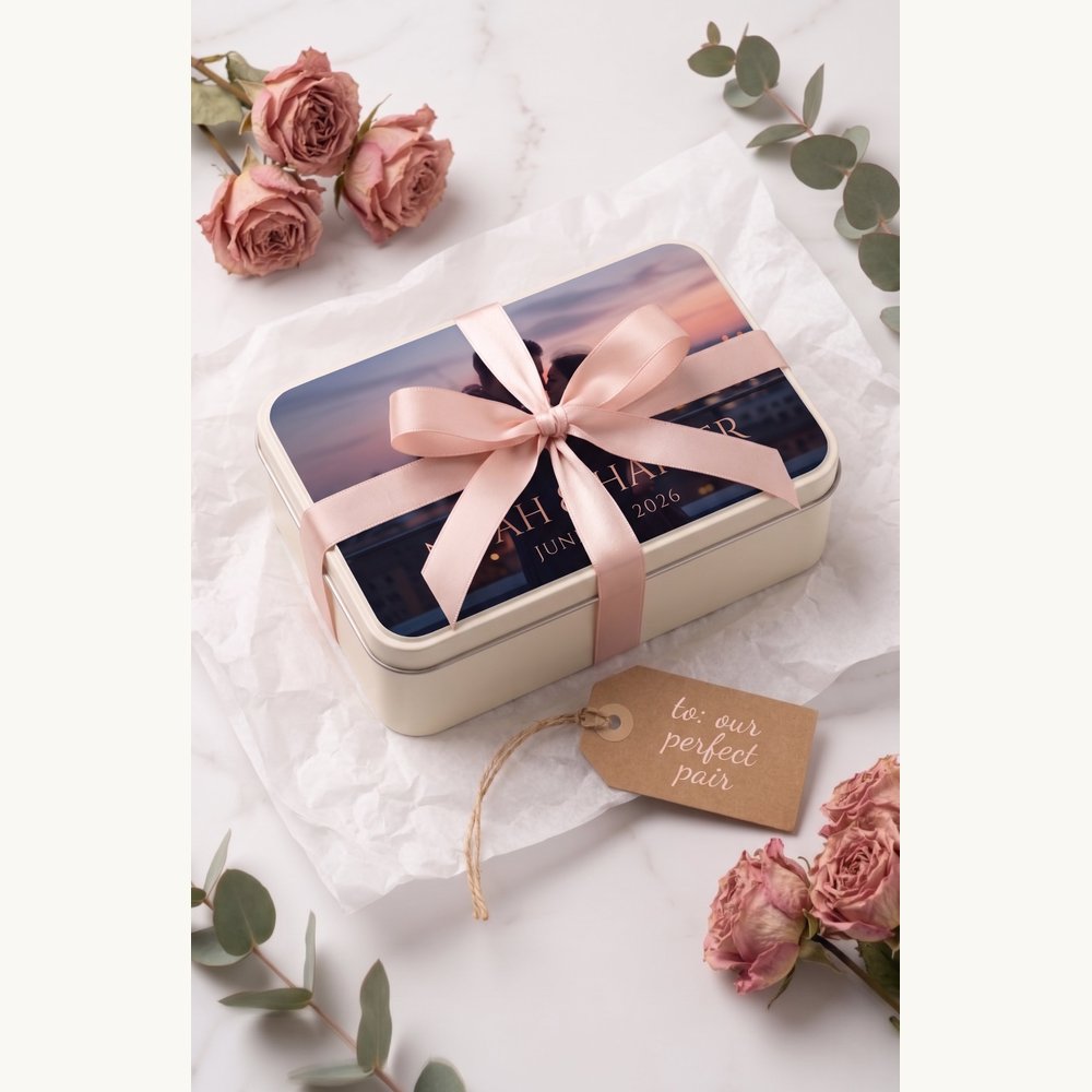 Custom photo playing cards gift set in iron box with satin ribbon – romantic anniversary gift for couples – EverKeep