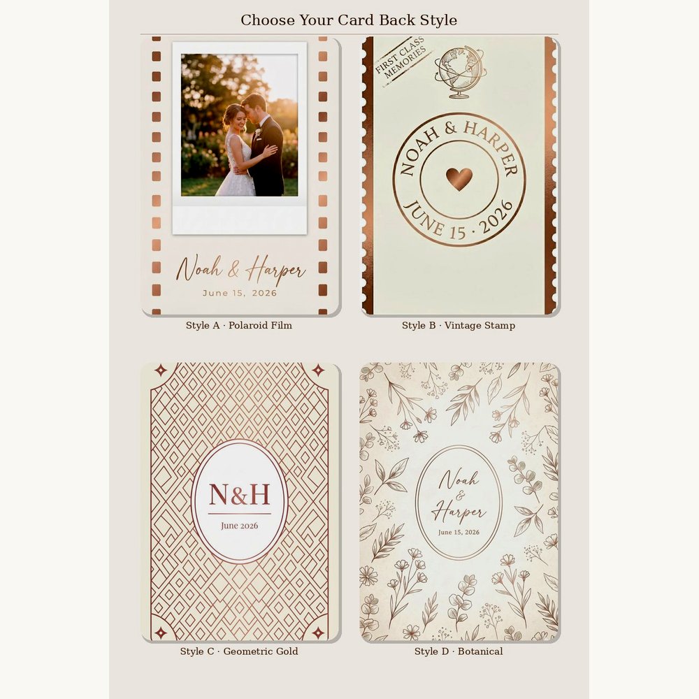 Custom photo playing cards card back style options – choose Style A polaroid B stamp C geometric D botanical – EverKeep