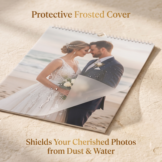 Protective frosted overlay cover on custom wedding wall calendar shielding photo from dust and moisture