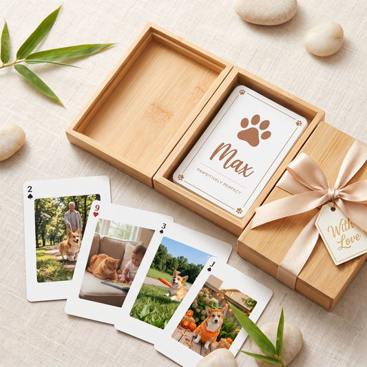 Bamboo box with fanned deck of custom pet photo playing cards and gift tag