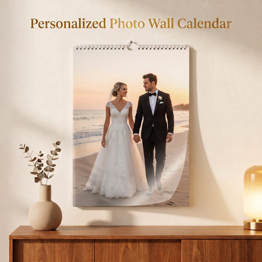 Personalized wedding wall calendar hero shot with beach sunset couple photo