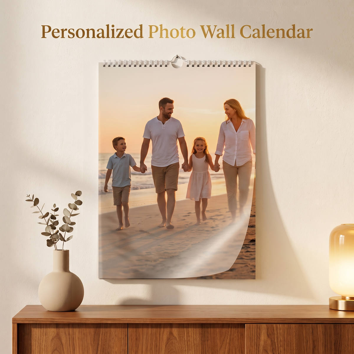 Personalized family photo wall calendar hero shot with family walking on beach at sunset