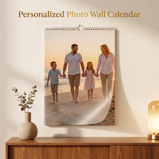 Personalized family photo wall calendar hero shot with family walking on beach at sunset