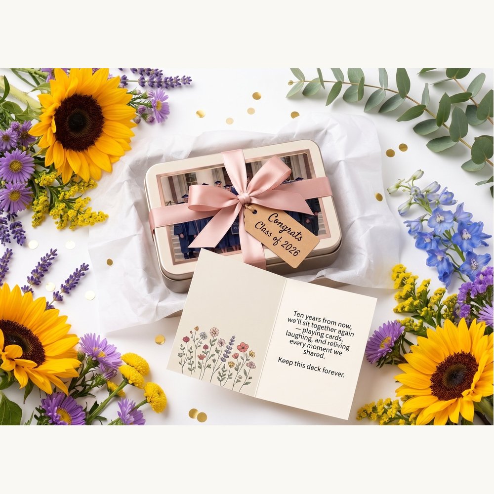 Personalized graduation photo playing cards iron box gift with sunflowers – Class of 2026 keepsake deck – EverKeep