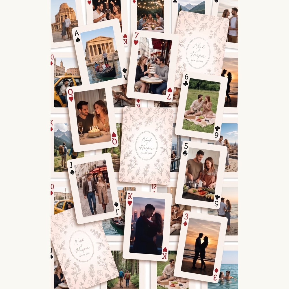 Custom travel photo playing cards full deck spread – 54 unique travel memory photos personalized gift – EverKeep