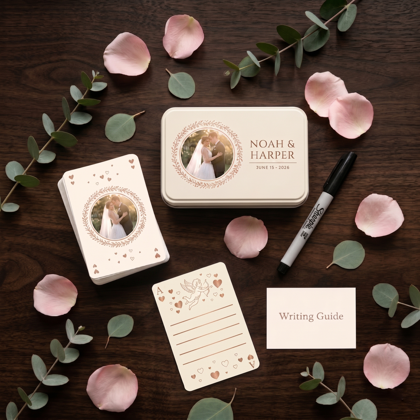 Custom Wedding Guest Book Playing Cards – Personalized Photo Signing Cards with Iron Box, Matte Finish for Easy Writing