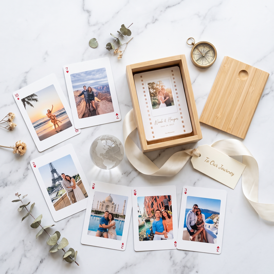 Custom travel photo playing cards displayed with natural bamboo gift box