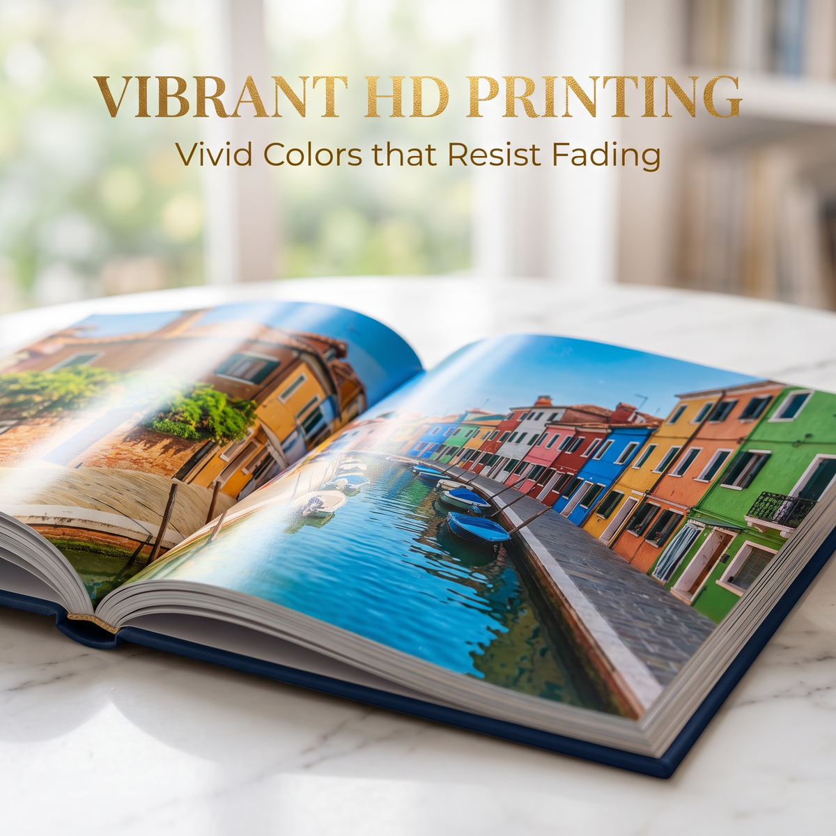 Custom travel coffee table book open to vibrant HD printed travel photos
