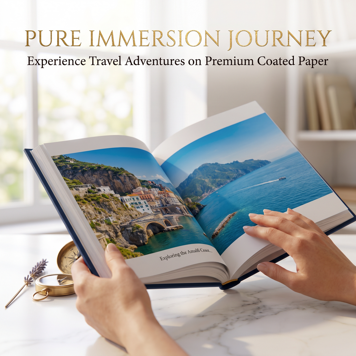Hands turning pages of a custom travel coffee table book with Amalfi Coast photos
