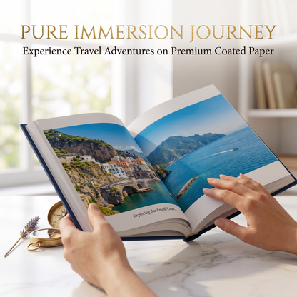 Hands turning pages of a custom travel coffee table book with Amalfi Coast photos