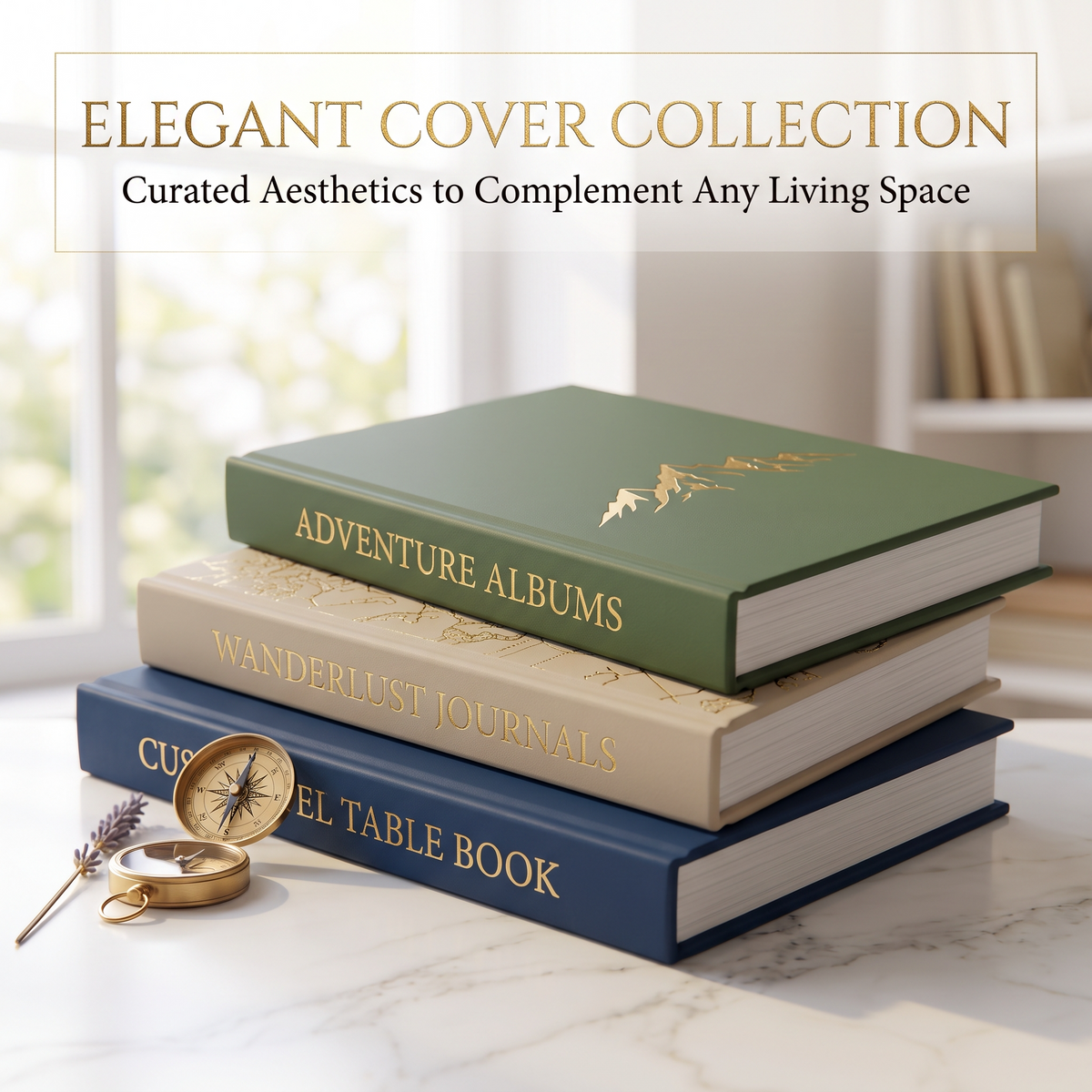 Elegant cover collection of custom travel coffee table books in navy, green, and cream
