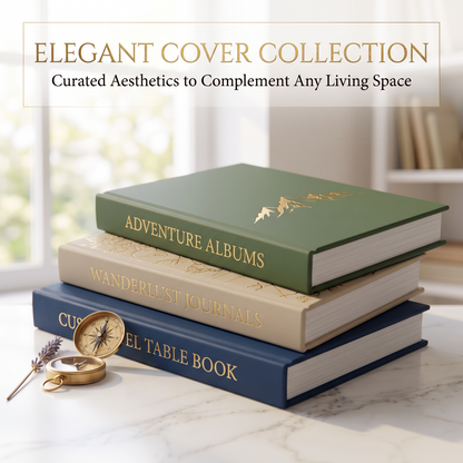 Elegant cover collection of custom travel coffee table books in navy, green, and cream
