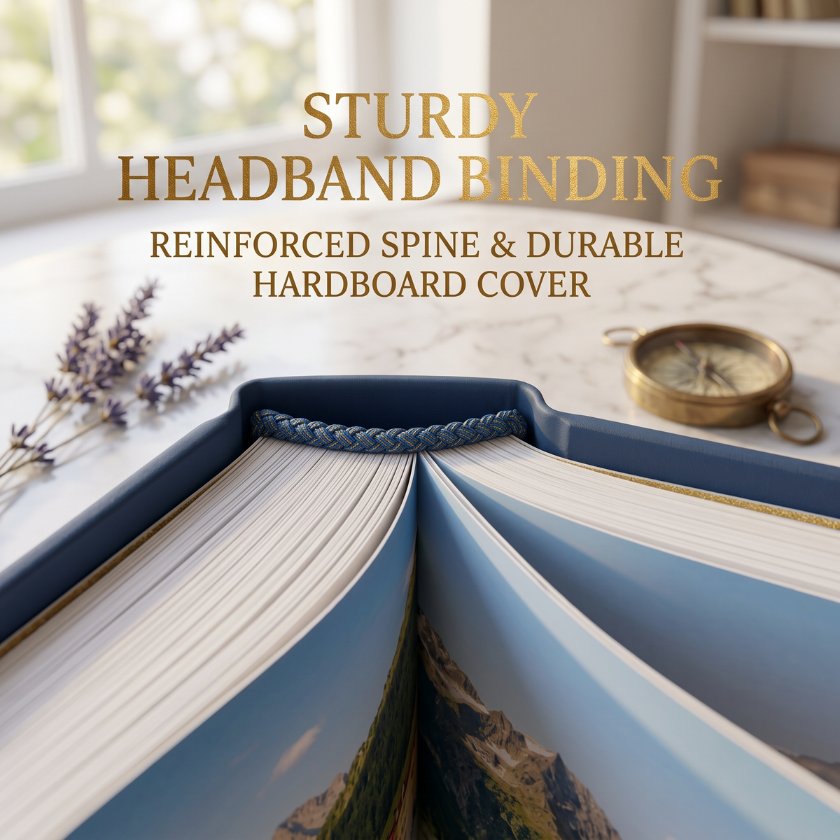 Close-up of sturdy headband binding and reinforced spine on a custom travel coffee table book
