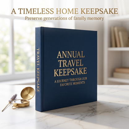 Annual Travel Keepsake custom travel coffee table book with gold-foil navy cover