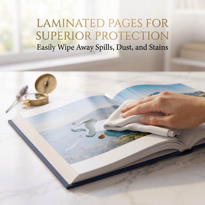 Custom travel coffee table book page with protective premium lamination for everyday handling