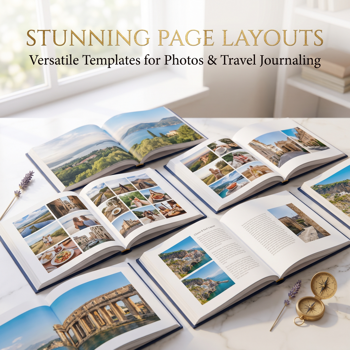 Several custom travel coffee table books open showing stunning page layout options