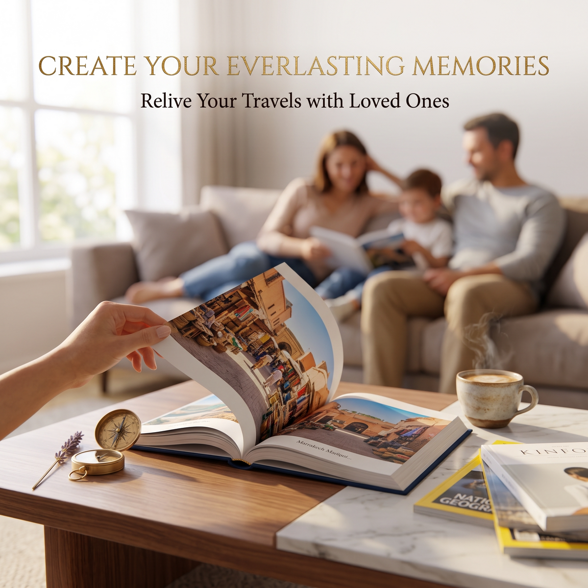 Family relaxing on a couch while reading a custom travel coffee table book together