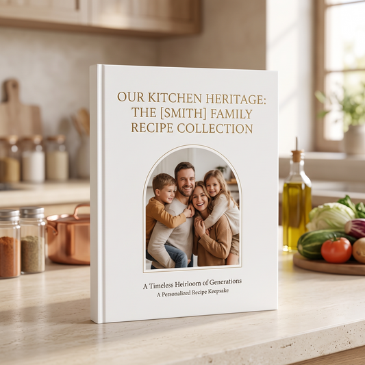 Custom family recipe book with gold foil hardcover on kitchen counter