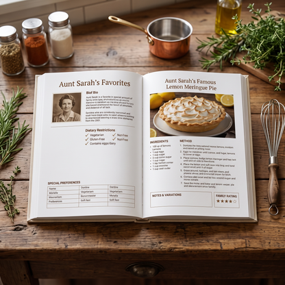 Custom family recipe book interior family spotlight page with photo and bio