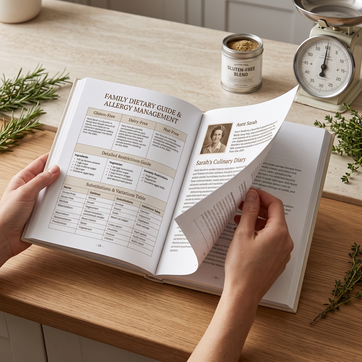 Custom family recipe book dietary guide and allergy management page