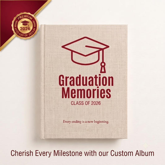 Custom graduation photo album with beige linen cover, Class of 2026 keepsake gift