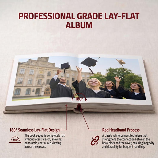 Graduation photo album open flat showing 180-degree lay-flat binding