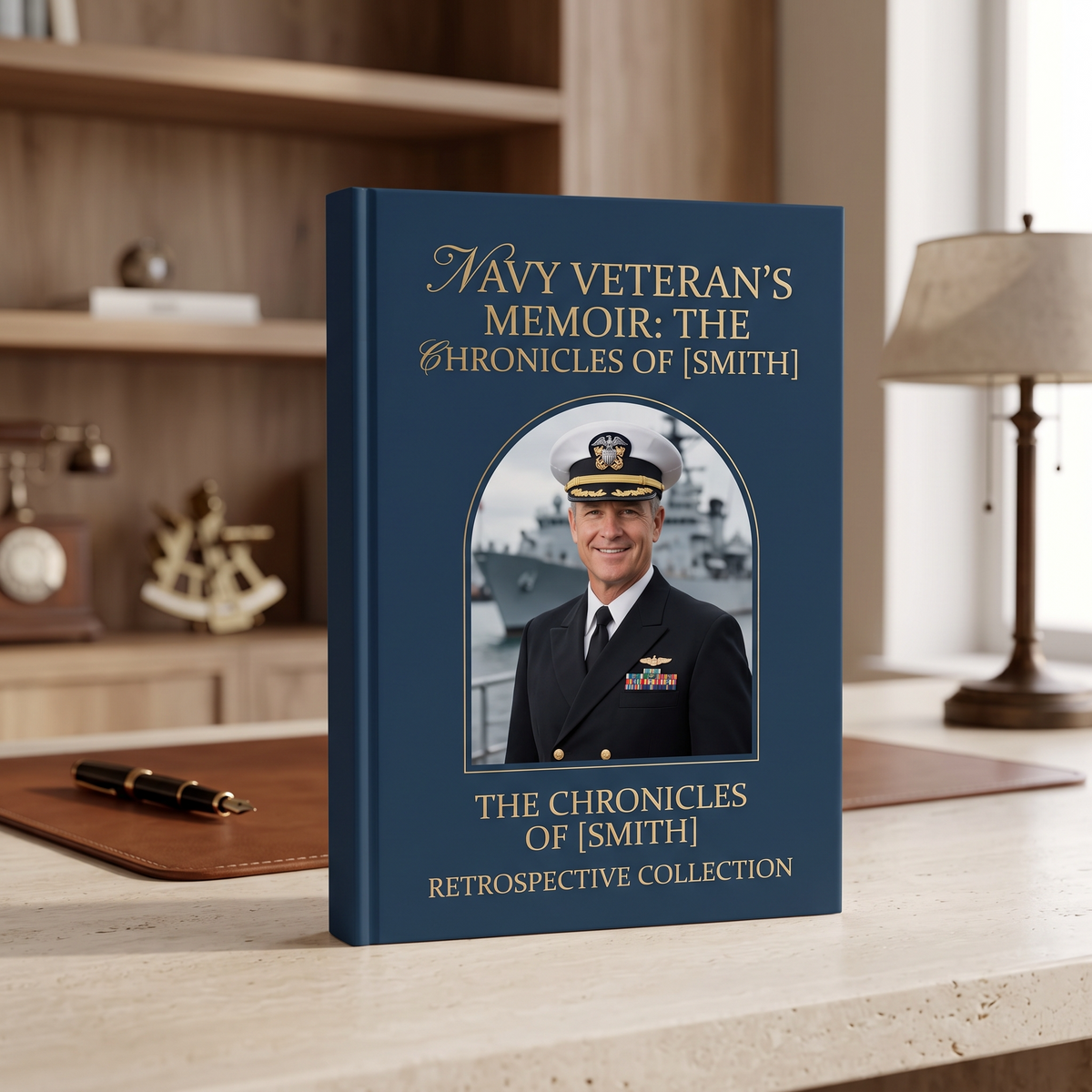 Custom military retirement coffee table book cover, Navy veteran memoir