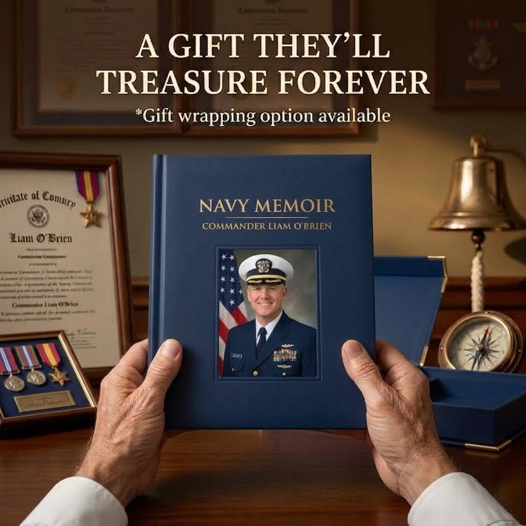 Personalized military retirement coffee table book held in hands as a veteran keepsake gift