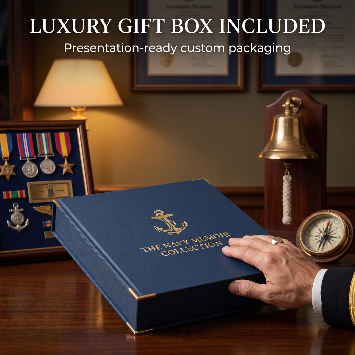 Navy veteran memoir keepsake gift box, closed with gold detailing