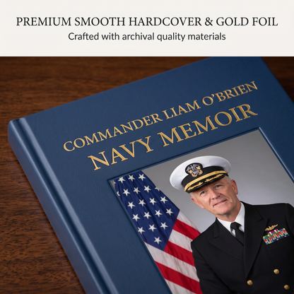 Navy veteran memoir hardcover with gold foil title close-up