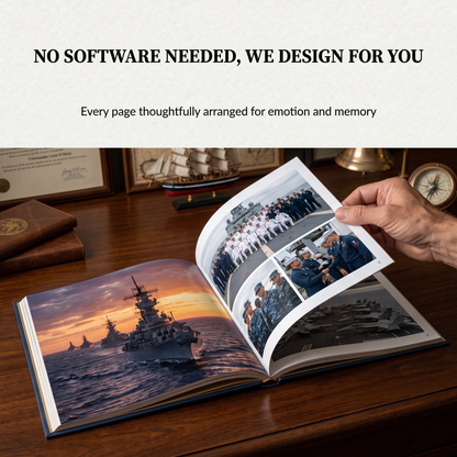 Military retirement coffee table book interior page being turned