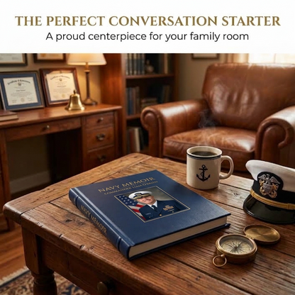 Military retirement gift book displayed as a coffee table centerpiece