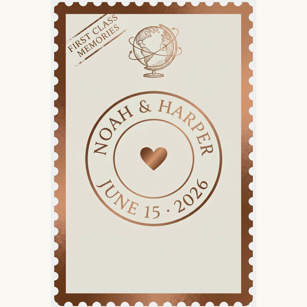 Personalized photo playing cards vintage stamp card back – custom names and date rose gold design – EverKeep