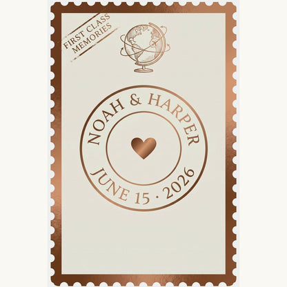 Personalized photo playing cards vintage stamp card back – custom names and date rose gold design – EverKeep